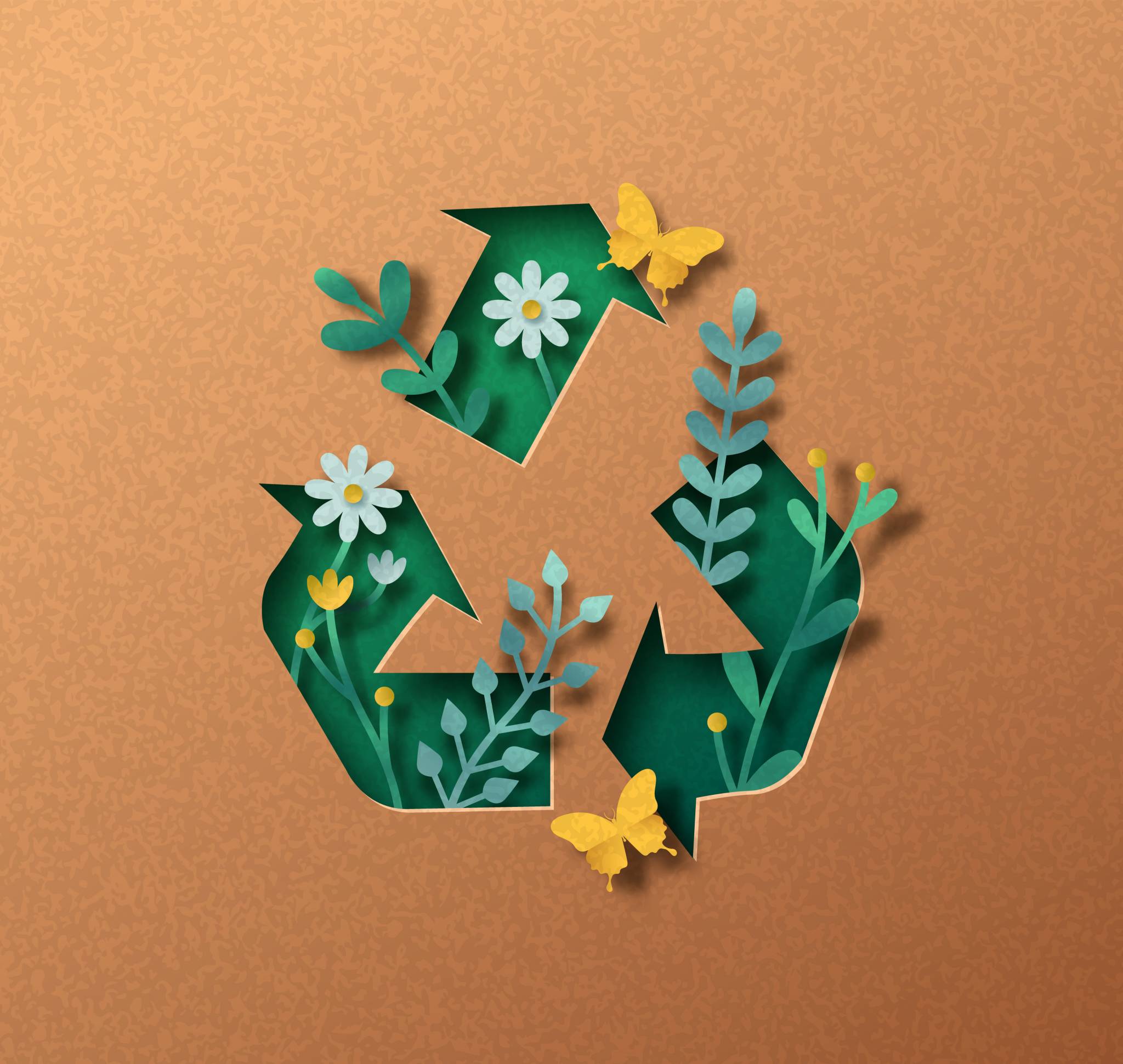 Paper art recycling symbol with floral and butterfly motifs on a brown background, promoting eco-friendly practices.