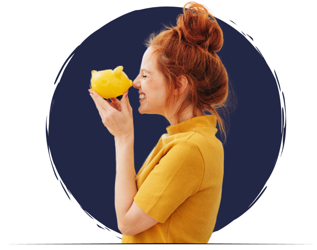 Woman holding a yellow piggy bank